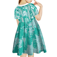 Teal Hawaii Tapa Pattern Kid Short Sleeve Dress With Heliconia Vintage Style