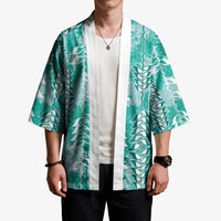Teal Hawaii Tapa Pattern Kimono With Heliconia Vintage Style