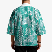 Teal Hawaii Tapa Pattern Kimono With Heliconia Vintage Style