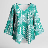 Teal Hawaii Tapa Pattern Kimono Sleeve Blouse With Heliconia Vintage Style