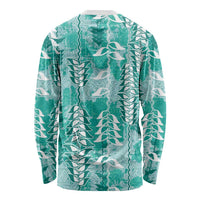 Teal Hawaii Tapa Pattern Long Sleeve Shirt With Heliconia Vintage Style