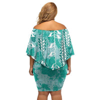 Teal Hawaii Tapa Pattern Off Shoulder Short Dress With Heliconia Vintage Style