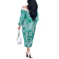 Teal Hawaii Tapa Pattern Off The Shoulder Long Sleeve Dress With Heliconia Vintage Style