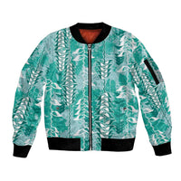 Teal Hawaii Tapa Pattern Sleeve Zip Bomber Jacket With Heliconia Vintage Style
