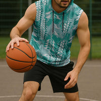 Teal Hawaii Tapa Pattern Sleeveless Hoodie With Heliconia Vintage Style
