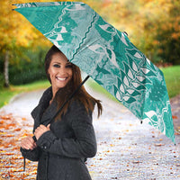 Teal Hawaii Tapa Pattern Umbrella With Heliconia Vintage Style