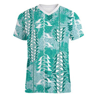 Teal Hawaii Tapa Pattern Women V-Neck T-Shirt With Heliconia Vintage Style