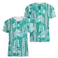 Teal Hawaii Tapa Pattern Women V-Neck T-Shirt With Heliconia Vintage Style