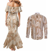 Beige Hawaii Tapa Pattern Couples Matching Mermaid Dress and Long Sleeve Button Shirt With Heliconia Vintage Style
