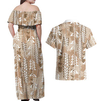 Beige Hawaii Tapa Pattern Couples Matching Off Shoulder Maxi Dress and Hawaiian Shirt With Heliconia Vintage Style