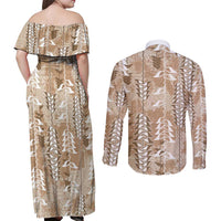 Beige Hawaii Tapa Pattern Couples Matching Off Shoulder Maxi Dress and Long Sleeve Button Shirt With Heliconia Vintage Style