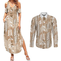 Beige Hawaii Tapa Pattern Couples Matching Summer Maxi Dress and Long Sleeve Button Shirt With Heliconia Vintage Style