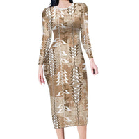 Beige Hawaii Tapa Pattern Family Matching Long Sleeve Bodycon Dress and Hawaiian Shirt With Heliconia Vintage Style LT05 Mom's Dress Beige - Polynesian Pride