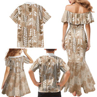 Beige Hawaii Tapa Pattern Family Matching Mermaid Dress and Hawaiian Shirt With Heliconia Vintage Style LT05 - Polynesian Pride