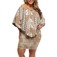 Beige Hawaii Tapa Pattern Family Matching Off Shoulder Short Dress and Hawaiian Shirt With Heliconia Vintage Style LT05 Mom's Dress Beige - Polynesian Pride