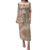 Beige Hawaii Tapa Pattern Family Matching Puletasi and Hawaiian Shirt With Heliconia Vintage Style LT05 Mom's Dress Beige - Polynesian Pride