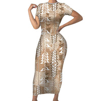 Beige Hawaii Tapa Pattern Family Matching Short Sleeve Bodycon Dress and Hawaiian Shirt With Heliconia Vintage Style LT05 Mom's Dress Beige - Polynesian Pride