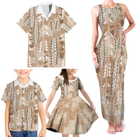 Beige Hawaii Tapa Pattern Family Matching Tank Maxi Dress and Hawaiian Shirt With Heliconia Vintage Style LT05 - Polynesian Pride