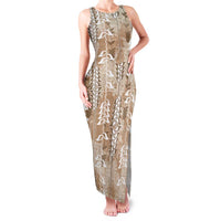 Beige Hawaii Tapa Pattern Family Matching Tank Maxi Dress and Hawaiian Shirt With Heliconia Vintage Style LT05 Mom's Dress Beige - Polynesian Pride