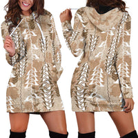 Beige Hawaii Tapa Pattern Hoodie Dress With Heliconia Vintage Style
