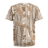 Beige Hawaii Tapa Pattern Rugby Jersey With Heliconia Vintage Style