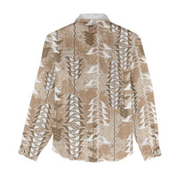 Beige Hawaii Tapa Pattern Women Casual Shirt With Heliconia Vintage Style