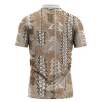 Beige Hawaii Tapa Pattern Zipper Polo Shirt With Heliconia Vintage Style