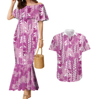 Magenta Hawaii Tapa Pattern Couples Matching Mermaid Dress and Hawaiian Shirt With Heliconia Vintage Style LT05 Magenta - Polynesian Pride