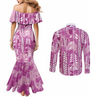 Magenta Hawaii Tapa Pattern Couples Matching Mermaid Dress and Long Sleeve Button Shirt With Heliconia Vintage Style