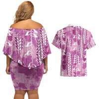 Magenta Hawaii Tapa Pattern Couples Matching Off Shoulder Short Dress and Hawaiian Shirt With Heliconia Vintage Style LT05 - Polynesian Pride