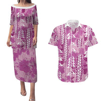 Magenta Hawaii Tapa Pattern Couples Matching Puletasi and Hawaiian Shirt With Heliconia Vintage Style