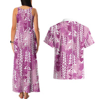 Magenta Hawaii Tapa Pattern Couples Matching Tank Maxi Dress and Hawaiian Shirt With Heliconia Vintage Style LT05 - Polynesian Pride