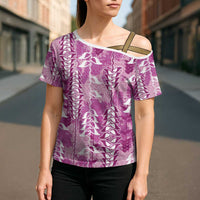 Magenta Hawaii Tapa Pattern Cross Shoulder Shirt With Heliconia Vintage Style