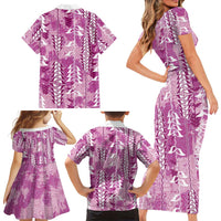 Magenta Hawaii Tapa Pattern Family Matching Short Sleeve Bodycon Dress and Hawaiian Shirt With Heliconia Vintage Style LT05 - Polynesian Pride
