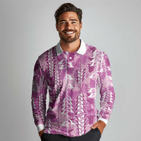 Magenta Hawaii Tapa Pattern Long Sleeve Polo Shirt With Heliconia Vintage Style