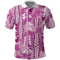 Magenta Hawaii Tapa Pattern Polo Shirt With Heliconia Vintage Style