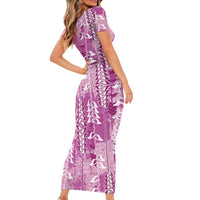 Magenta Hawaii Tapa Pattern Short Sleeve Bodycon Dress With Heliconia Vintage Style