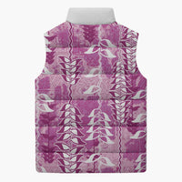 Magenta Hawaii Tapa Pattern Sleeveless Puffer Jacket With Heliconia Vintage Style