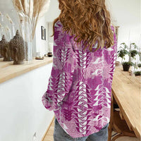 Magenta Hawaii Tapa Pattern Women Casual Shirt With Heliconia Vintage Style