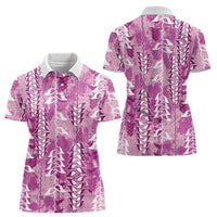 Magenta Hawaii Tapa Pattern Women Polo Shirt With Heliconia Vintage Style