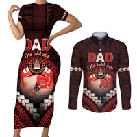 Personalised Tonga Happy Father's Day Couples Matching Short Sleeve Bodycon Dress and Long Sleeve Button Shirt Ofa Lahi Atu Dad Polynesian Tribal LT05 Red - Polynesian Pride