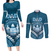 Personalised Fiji Happy Father's Day Couples Matching Long Sleeve Bodycon Dress and Long Sleeve Button Shirt Au Lomani Iko Dad Polynesian Tribal LT05 Blue - Polynesian Pride