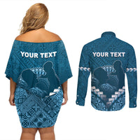Personalised Fiji Happy Father's Day Couples Matching Off Shoulder Short Dress and Long Sleeve Button Shirt Au Lomani Iko Dad Polynesian Tribal LT05 - Polynesian Pride