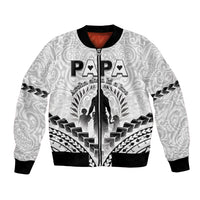 Personalised New Zealand Happy Father's Day Bomber Jacket Aroha Ahau Ki A Koe Papa Polynesian Tribal LT05 Unisex White - Polynesian Pride