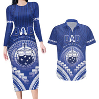 Personalised Samoa Happy Father's Day Couples Matching Long Sleeve Bodycon Dress and Hawaiian Shirt Ou Te Alofa Ia Te Oe Tama Dad Polynesian Tribal LT05 Blue - Polynesian Pride