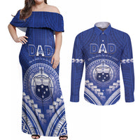 Personalised Samoa Happy Father's Day Couples Matching Off Shoulder Maxi Dress and Long Sleeve Button Shirt Ou Te Alofa Ia Te Oe Tama Dad Polynesian Tribal LT05 Blue - Polynesian Pride