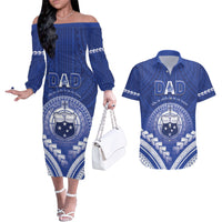 Personalised Samoa Happy Father's Day Couples Matching Off The Shoulder Long Sleeve Dress and Hawaiian Shirt Ou Te Alofa Ia Te Oe Tama Dad Polynesian Tribal LT05 Blue - Polynesian Pride
