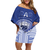 Personalised Samoa Happy Father's Day Family Matching Off Shoulder Short Dress and Hawaiian Shirt Ou Te Alofa Ia Te Oe Tama Dad Polynesian Tribal LT05 Mom's Dress Blue - Polynesian Pride