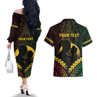 Personalised Vanuatu Happy Father's Day Couples Matching Off The Shoulder Long Sleeve Dress and Hawaiian Shirt Mi Lavem Yu Papa Polynesian Tribal LT05 - Polynesian Pride