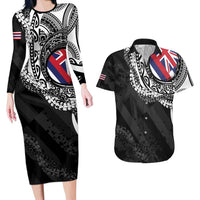Hawaii Flag Day Couples Matching Long Sleeve Bodycon Dress and Hawaiian Shirt Hawaiian Maile Lei LT05 Black - Polynesian Pride